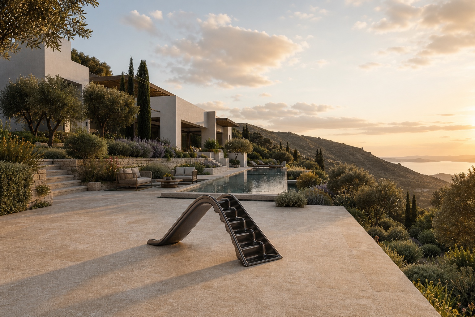 Smoke taupe Ritzy-Slide at a hillside residence